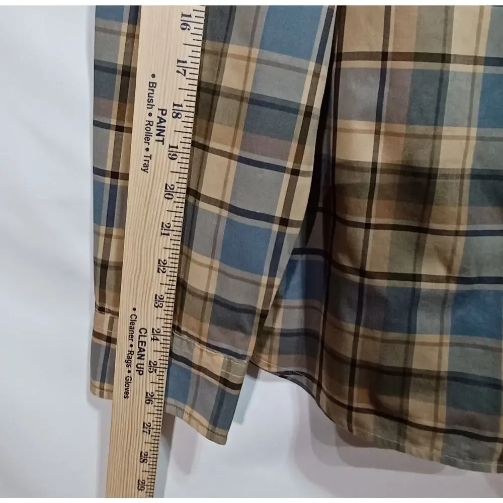 Banana Republic Untucked Fit Men's sz L Long Sleeve Shirt Brown Blue Black Plaid